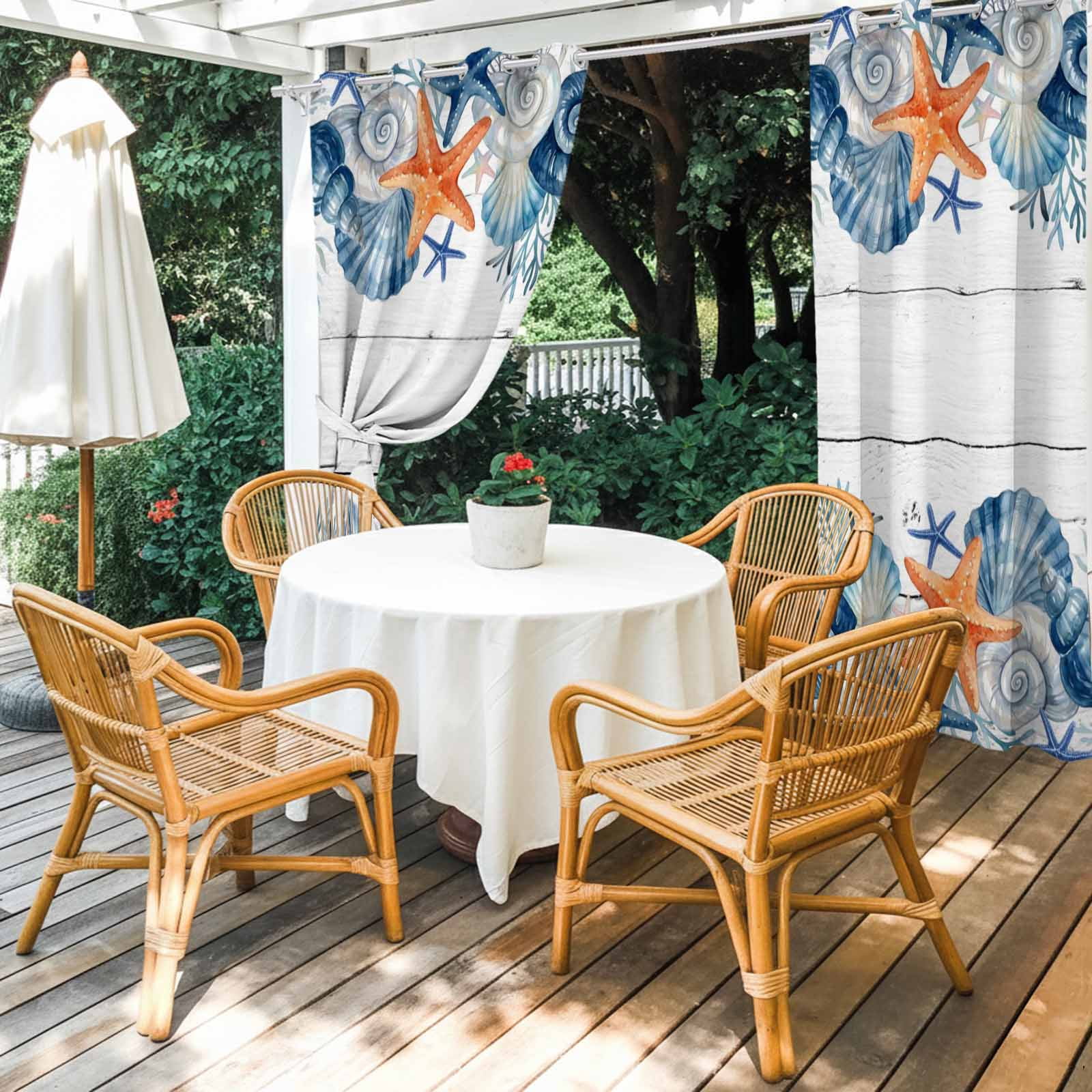 Summer Sea Shell Outdoor Curtains for Patio, Nautical Ocean Watercolor Starfish Coral Wood Grain Sunshade Privacy Drapes Grommet Waterproof Outside Curtains for Porch Balcony 54"x 108", 1 Panel