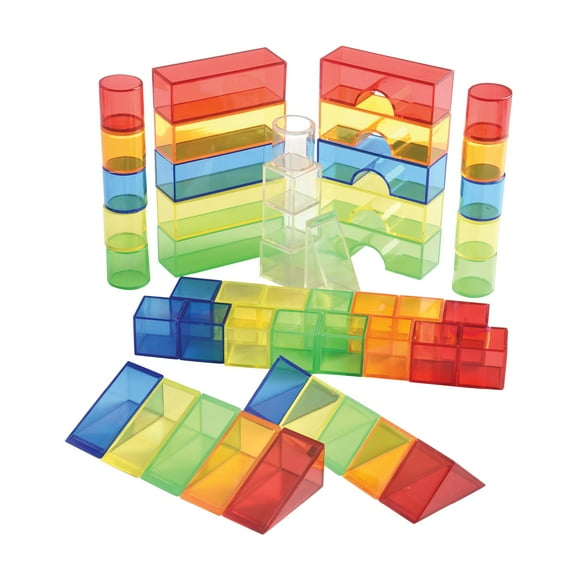 Constructive Playthings Translucent Color Building Blocks, Light Table Manipulatives, 3D Shapes for Teaching Color and Math, 50-Piece Playset, Toddler Toy