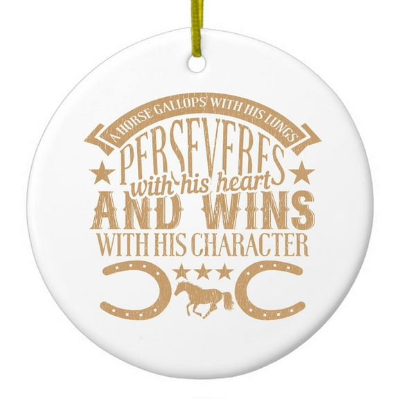 DistinctInk Hanging Ceramic Christmass Tree Ornament with Gold String - Great Gift / Present - 2 3/4 inch diameter - Horse Gallops, Perseveres, Wins
