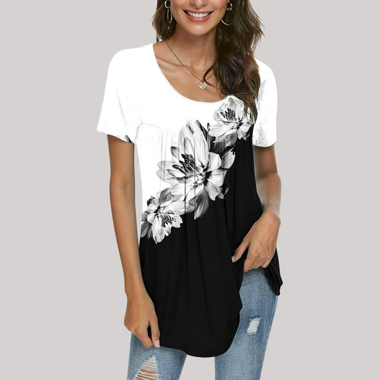 KIJBLAE Summer Shirts for Women Floral Print Tops Tummy Control Clothes for  Girls Pleat Flowy Tunic Blouses Short Sleeve Tees U-Neck T-shirt Black S