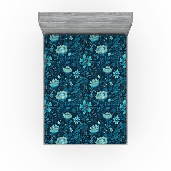 Ambesonne Aquatic Floral Fitted Sheet, Dreamy Night Flowers, Full Size, Petrol Blue Dark Teal