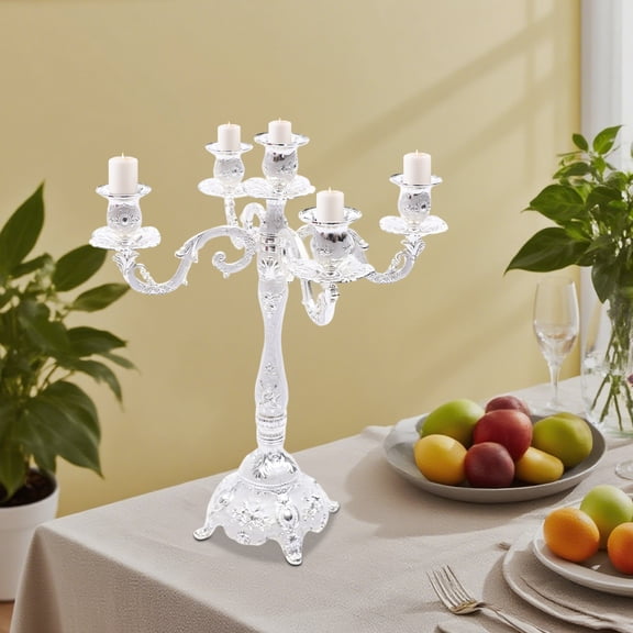 5-Head Silver Candelabra, Elegant Aluminum Alloy Candle Holder with Electroplating Finish, Vintage Palace Style, Removable for Easy Storage – Ideal Home Decor & Gift