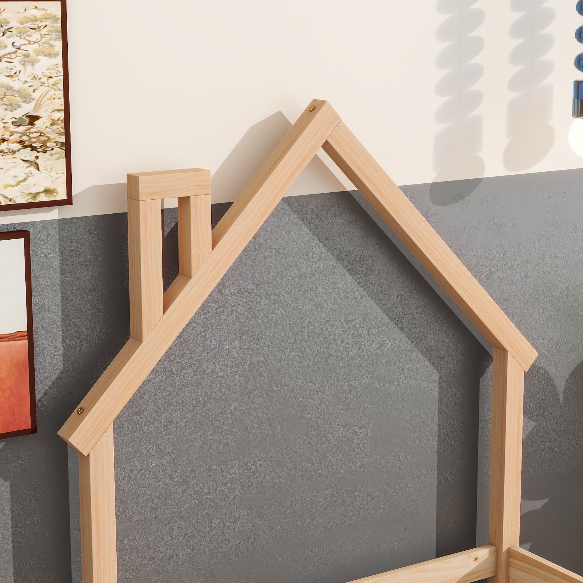 PORKISS Twin Size House Platform Bed for Kids with House-Shaped Headboard, Low Floor Bed with Guardrails Fence, Natural