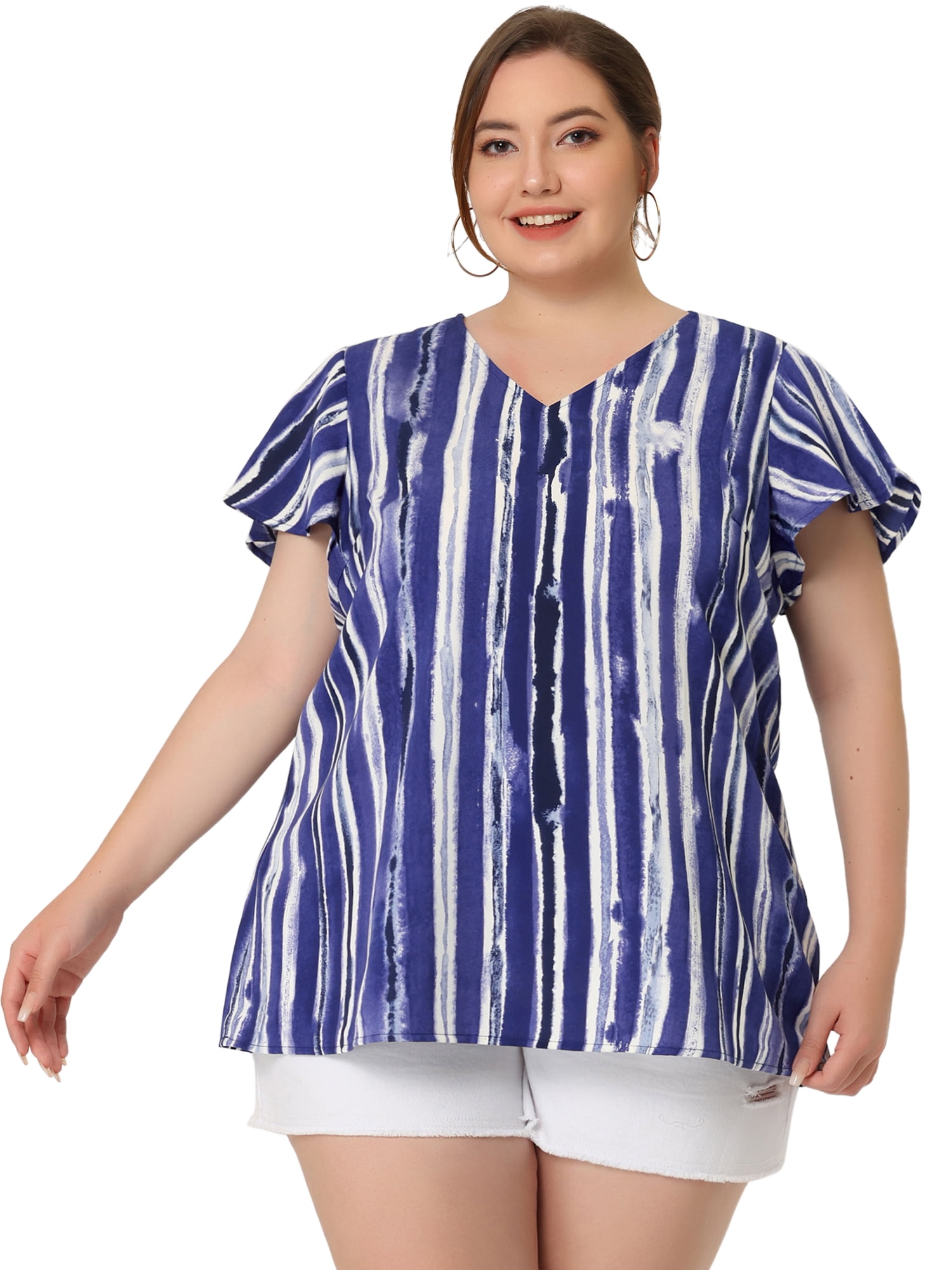 Unique Bargains Women's Plus Size Blouses Short Sleeve Loose Stripe Top