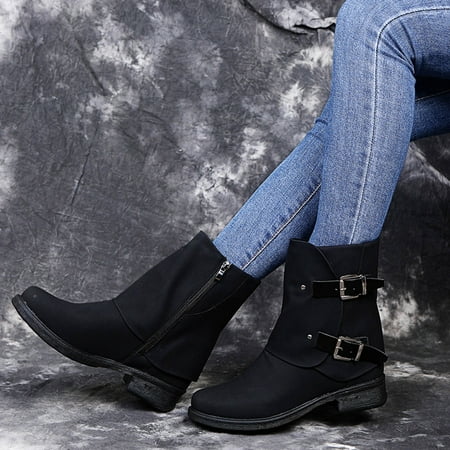 

eczipvz Womens Shoes Zipper Toe Heel Retro Solid Women Leather Shoes Booties Color Short Round women s boots Lace up Boots for Women Heel (Black 6.5-7)
