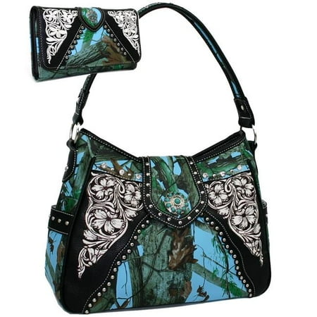 BT923SET-Blu - Cam Western Turquoise Concho Accented Handbag Purse with Matching Wallet - Blue & Cam