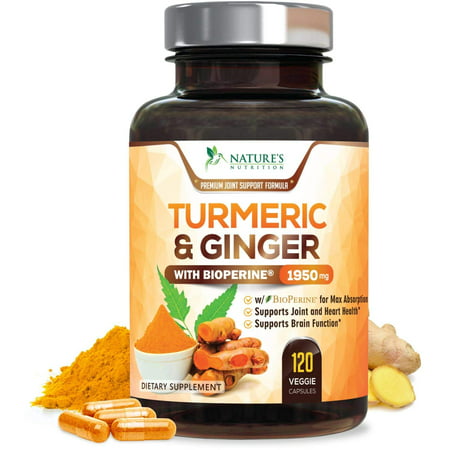 Turmeric Curcumin with Ginger 95% Curcuminoids 1950mg with Bioperine Black Pepper for Best Absorption, Anti-Inflammatory Joint Relief, Turmeric Supplement Pills by Natures Nutrition -  120 (Best Pill For Over 40)