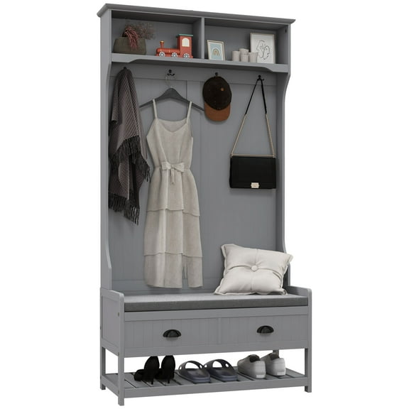 CoSoTower 3-In-1 Hall Tree, Entryway Bench with Coat Rack, Mudroom Bench with Shoe Rack, 2 Storage Drawers, 4 Hooks and Padded Seat Cushions for Hallway, Gray