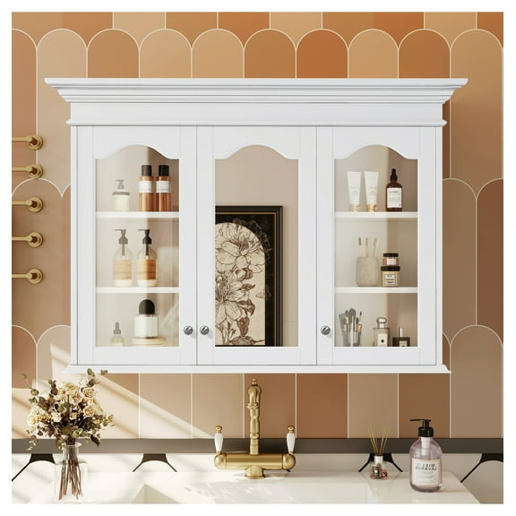 40" Bathroom Medicine Cabinet with Mirror, Wall Mounted Storage Cabinet with Shelves - White Finish