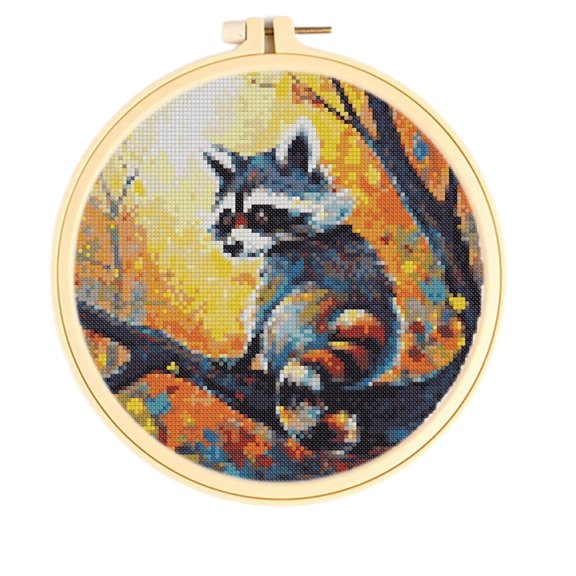Stamped Cross Stitch Kits with Hoop for Starter Kits Raccoon on Tree DIY 11CT Pre-printed Patterns Needlepoint Embroidery Needlework Kit Set Supplies with Hoop 38x38cm