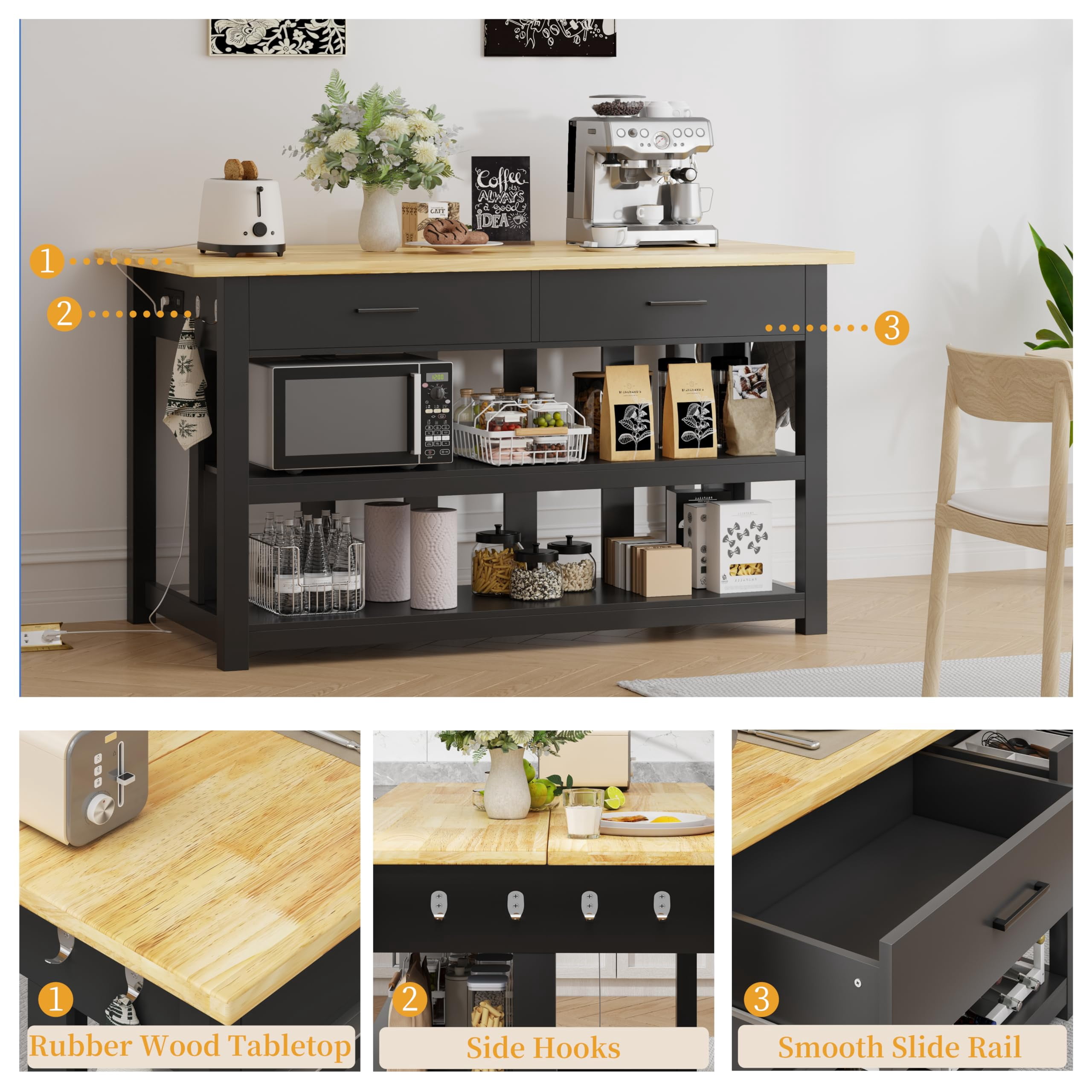 ChicZhiNest Kitchen Island with Power Outlet, 47.3" Rubber Solid Wood Countertop Kitchen Island with 2 Storage Drawers and 6 Hooks, Black