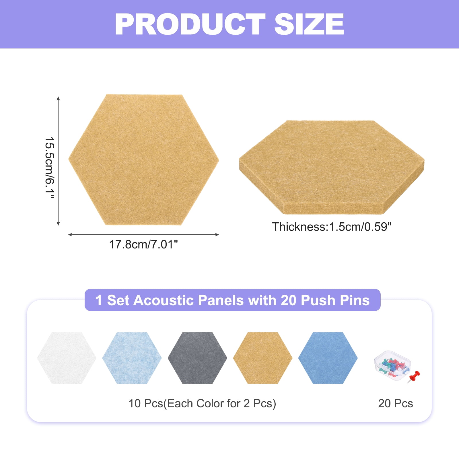 Uxcell 10 Pcs B1 Hexagon Acoustic Panels with Push Pins 6.1'' x 7.01'' Light Blue Yellow Sky Blue Gray White