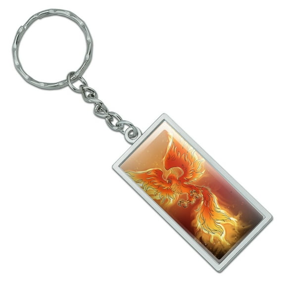 Rectangle Phoenix Rising from the Flames Keychain in Chrome Plated Metal