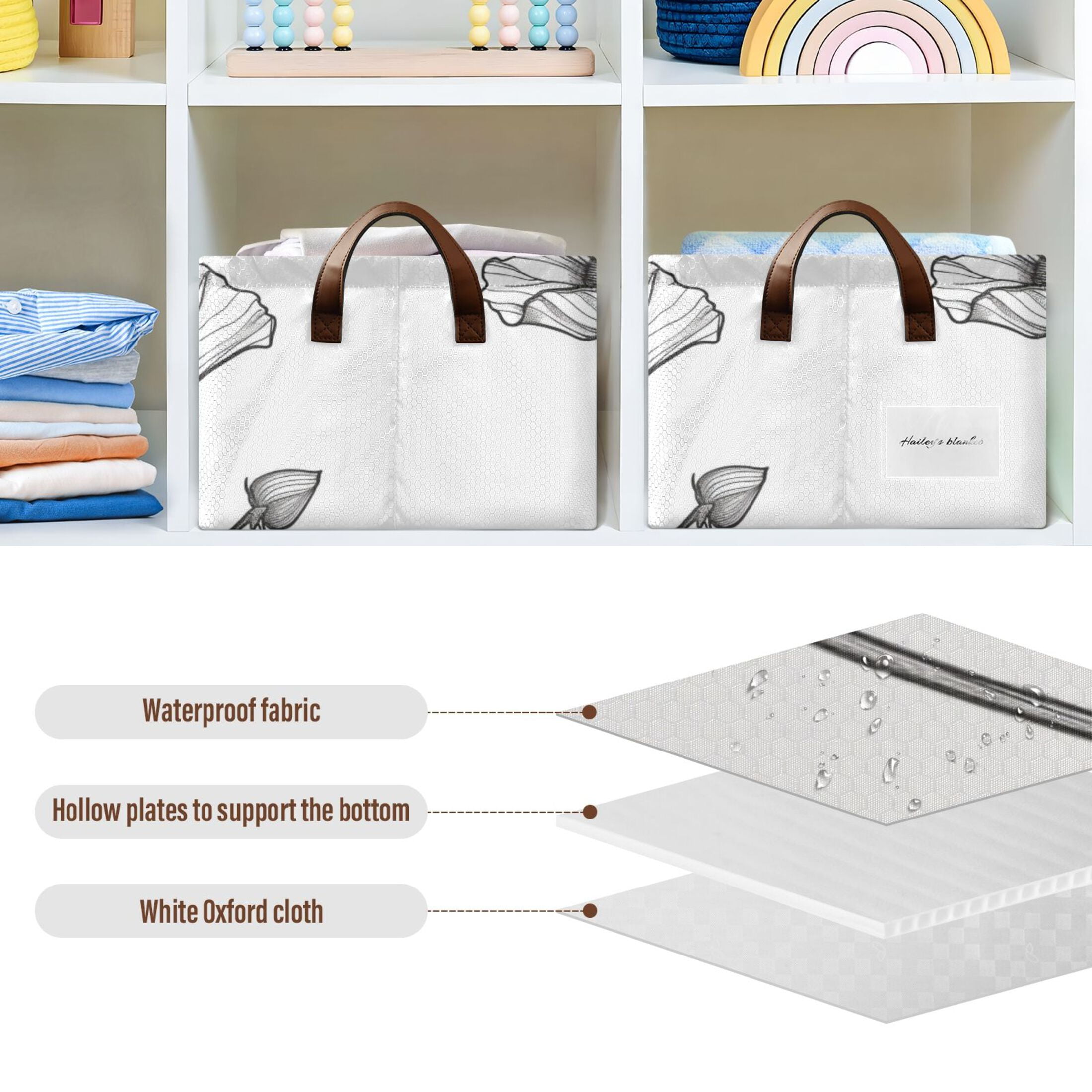 Black Line Flowers Storage Bins with Handles Foldable Storage Baskets for Shelves Organizer Cloth Baskets