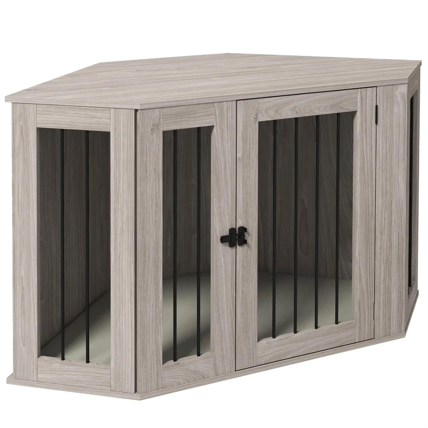 Pefilos 45" Corner Dog Crate Furniture with Cushion, Wooden Kennel Table, Indoor Dog House for Large Dogs, Gray