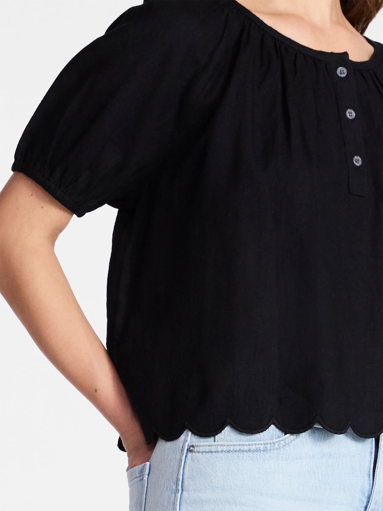 Time and Tru Women's Linen Blend Blouse with Scalloped Hem, Sizes XS-XXXL