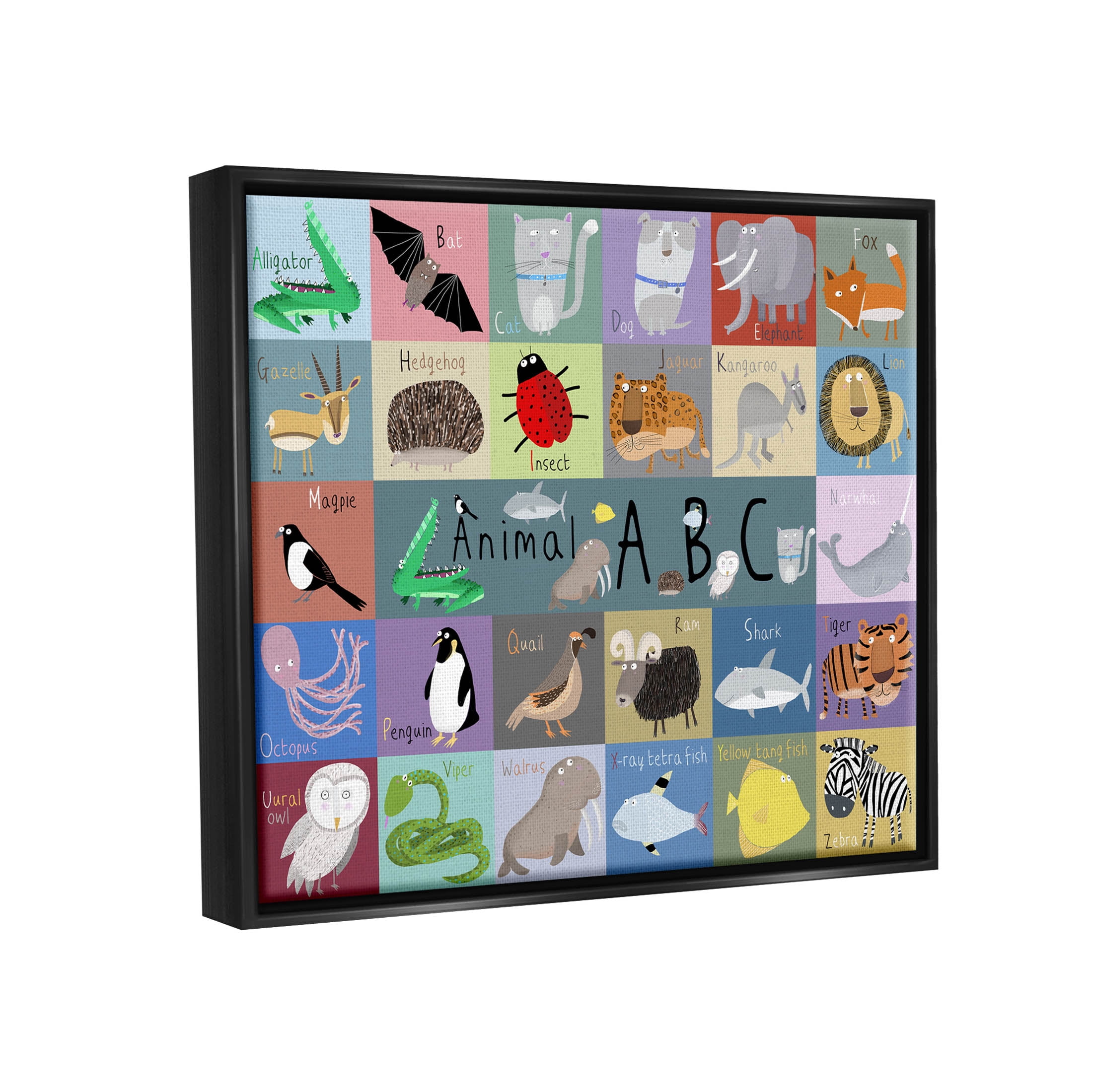 Stupell Industries Various Animal Alphabet Learning Graphic Art Jet Black Floating Framed Canvas Print Wall Art, Design by Carla Daly