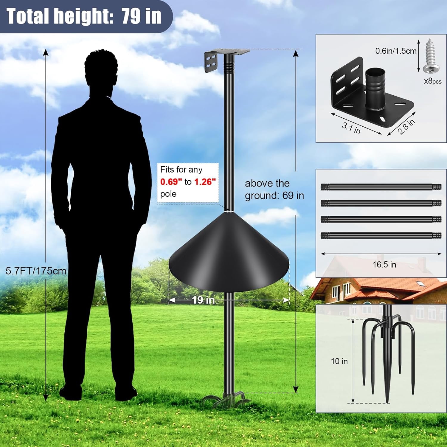 Gtongoko Smart Bird Feeder Pole 1-Inch Dia 79 Inch Bluebird House Pole for Outdoors Weather Station Heavy Duty Metal Mounting Kit Adjustable Bird Feeder Stand Black