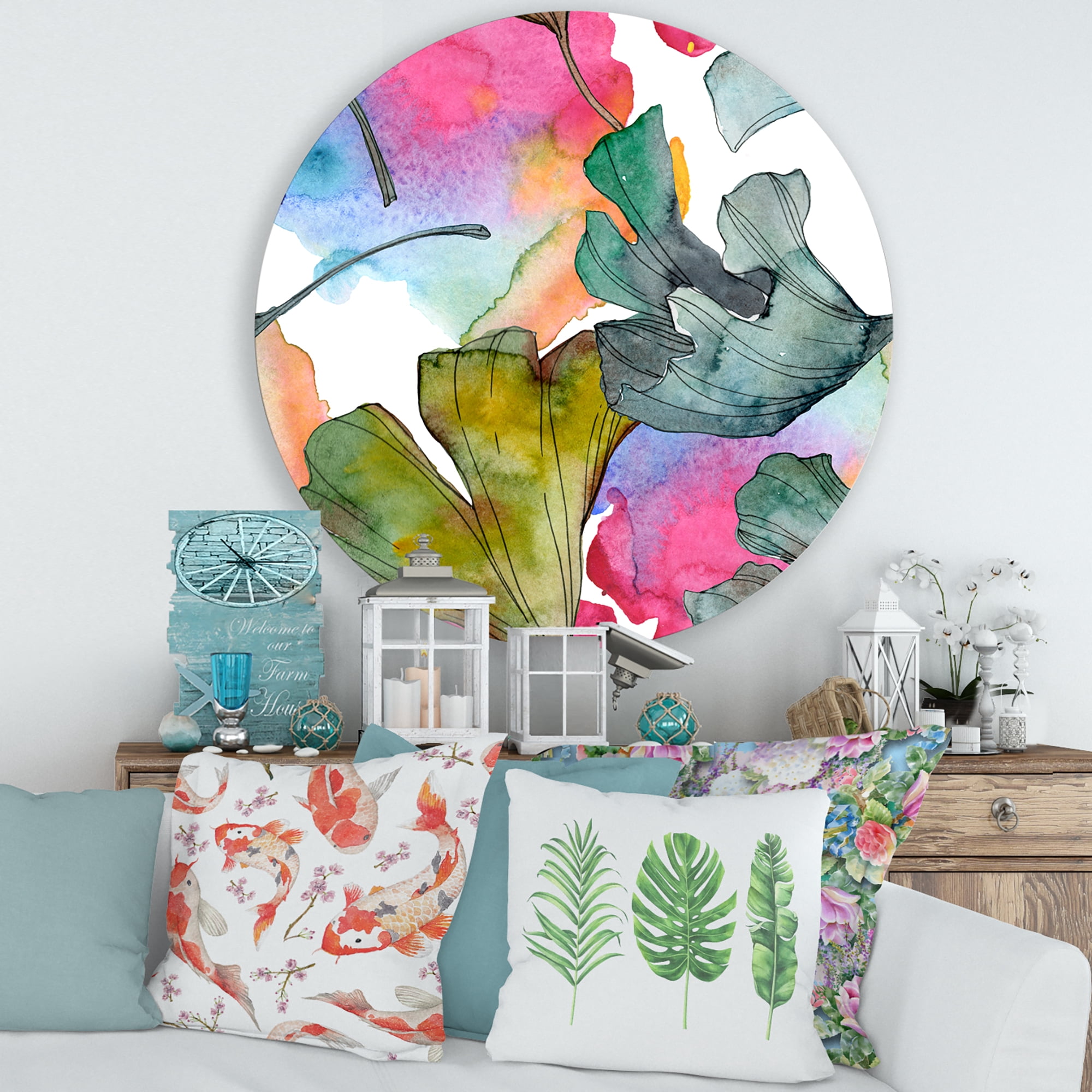 Designart 'Abstract Ginkgo Biloba Leaf Foliage' Traditional Circle Metal Wall Art 29x29 - Disc of 29