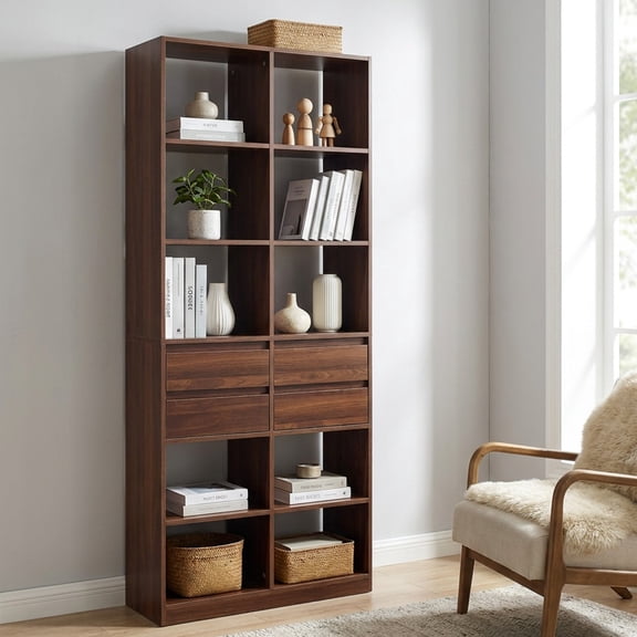 MORPAZX Open Cubby Bookcase with 4 Drawers, Tall Storage Cabinet, Walnut