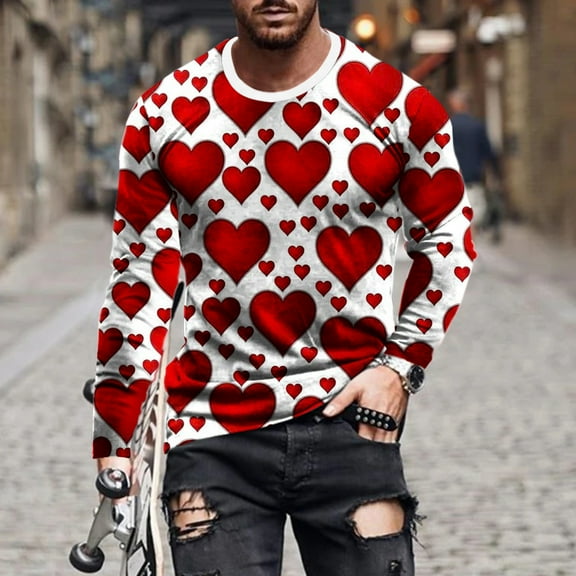Lilgiuy Men Casual Round Neck Long Sleeve Pullover Valentine's Day 3D Printed T-Shirt Blouse for Camping Hiking Fishing