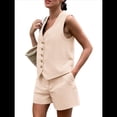 thumbnail image 3 of Conjuntos de Verano de 2 Piezas para Mujer, Sin Mangas, con Cuello en V, Abotonado, Chaleco y Pantalones Cortos con Bolsillos. Albaricoque S, 3 of 9