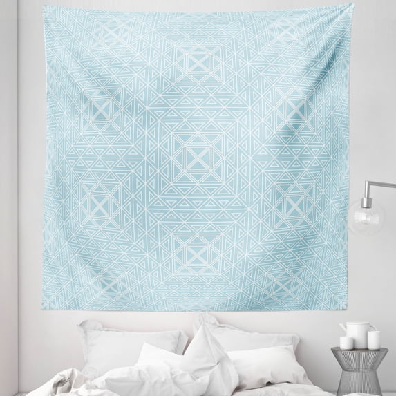 Simple Boho Tapestry, Hypnotizing Geometrical Shapes Forms Optical Illusion Illustration, Fabric Wall Hanging Decor for Bedroom Living Room Dorm, 5 Sizes, Pale Blue and White, by Ambesonne
