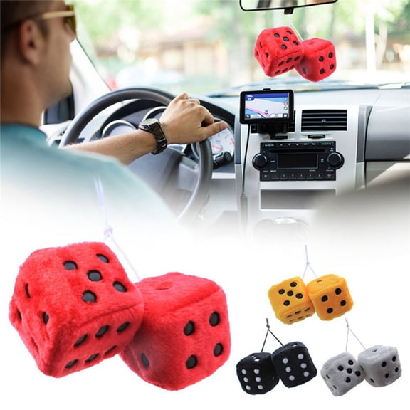 Pair of Retro Square, 2.76 inch Fuzzy Plush Dice with Dots, Car Mirror Hanging Decoration, Auto Rearview Mirror Ornament, Couple Pendant Charms, Home Decorative Car Interior Accessories