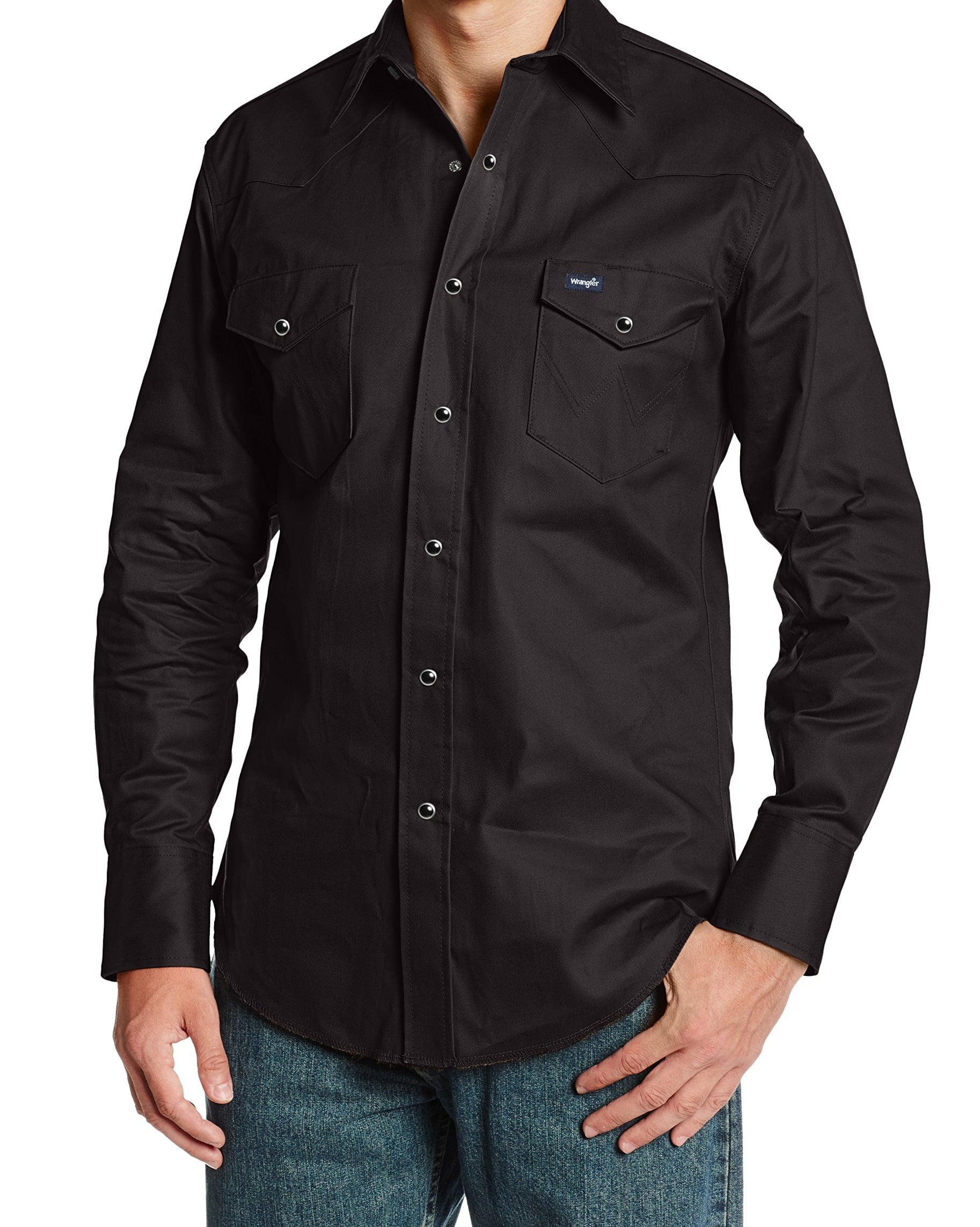 wrangler men's authentic cowboy cut work western long-sleeve firm finish  shirt,black,large 