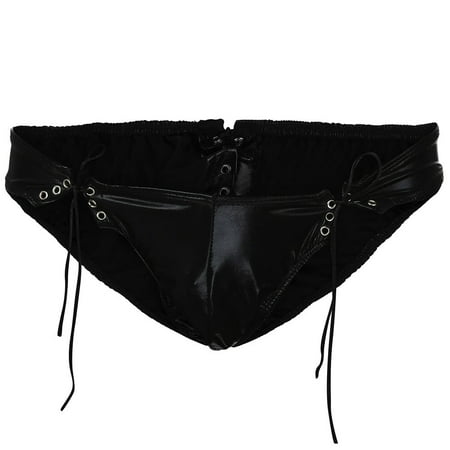 

Mens Boxer Briefs Underpants Thongs Leather Lingerie Bodysuit Artificial Bandage Crotch Panties