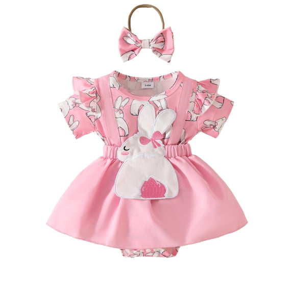 WIBACKER Newborn Baby Girl Easter Clothes Rabbit Ruffle Sleeve Romper Suspender Dress Headband Summer Outfits
