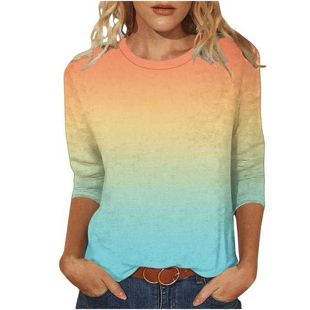 VSSSJ Hauts à Manches 3/4 pour Femmes Décontracté Tendance Dégradé Manches Raglan Col Rond Coupe Décontractée Tunique Respirante Tee-Shirt Jaune S