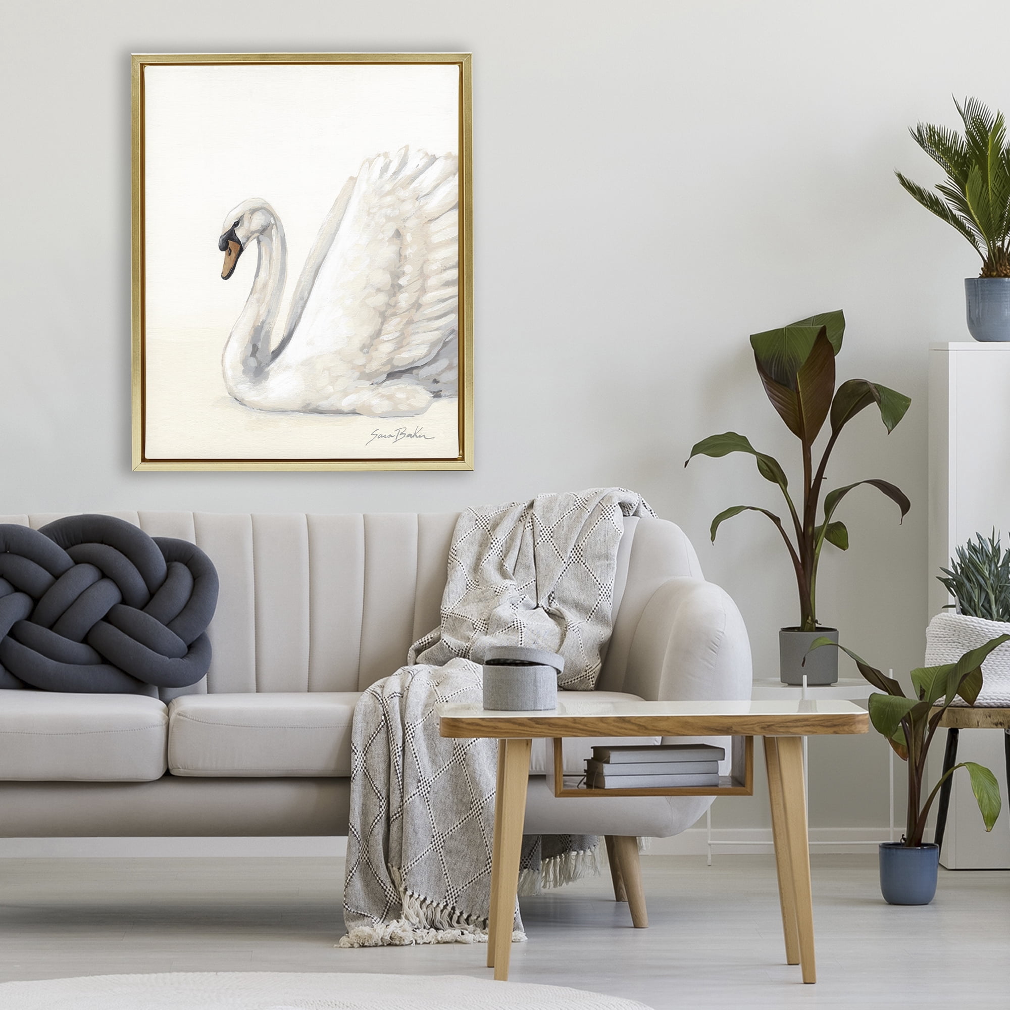 Stupell Industries White Swan in Repose Gold Framed Floater Canvas Wall Art, design by Sara Baker