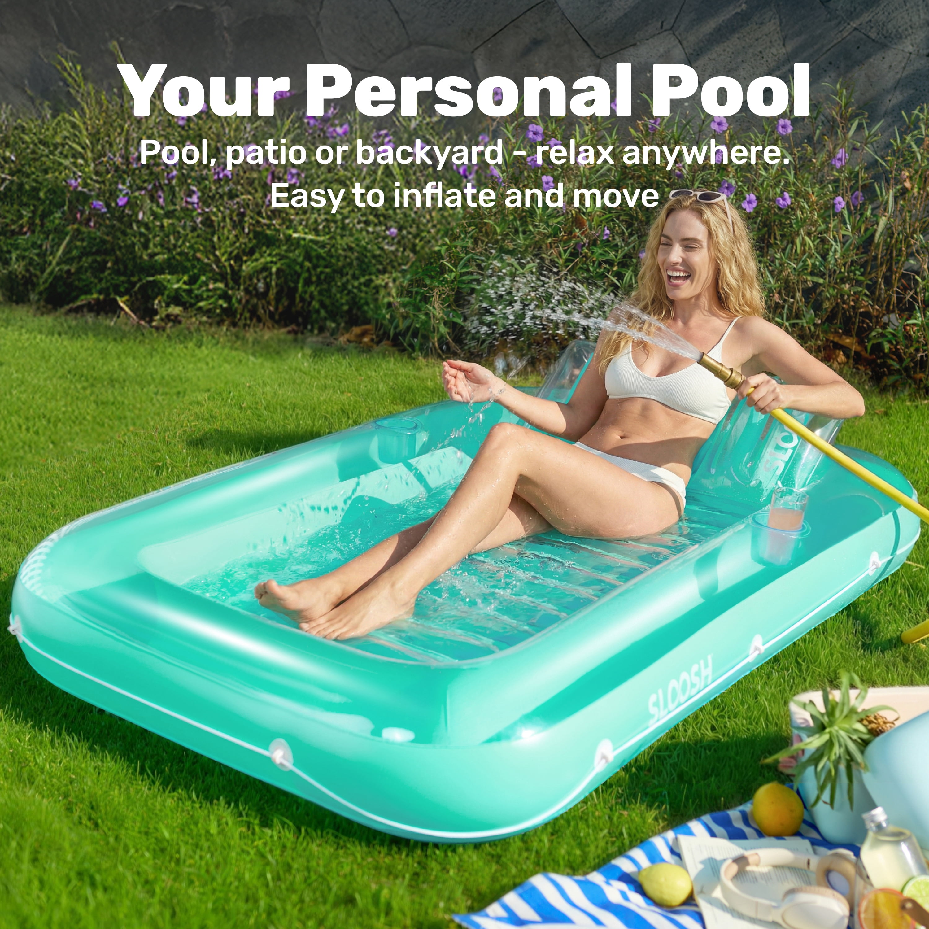 SLOOSH Inflatable Tanning Pool Lounger Float for Adults, 70" x 46" Large Suntan Tub Pool Floats Sun Tan Tub Ice Bath Tub Tanning Bed Blow up Pool Raft Lounge Floatie,L-Cyan