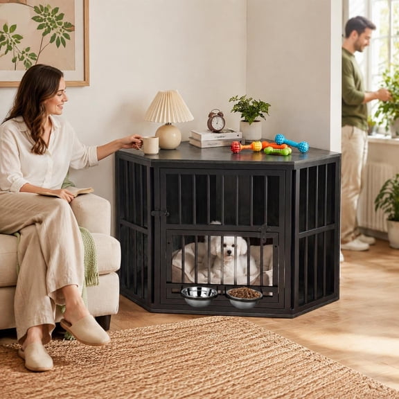 Walnut Wooden Dog Kennel End Table with 3-Position Dog Bowl Rack, Corner Dog Crate for Small Dogs