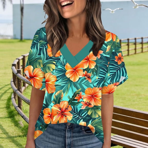 BRGZLK Womens Short Sleeve Tops Fashion Trendy T Shirts V Neck Summer 2026 Casual Ruffle Loose Tees
