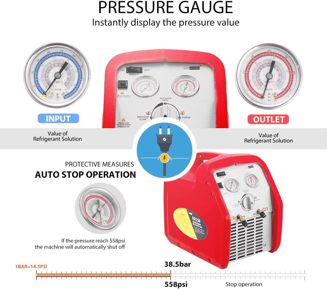 SPECSTAR 110-120V AC 60Hz 3/4HP Single Cylinder Portable Refrigerant Recovery Machine, Red