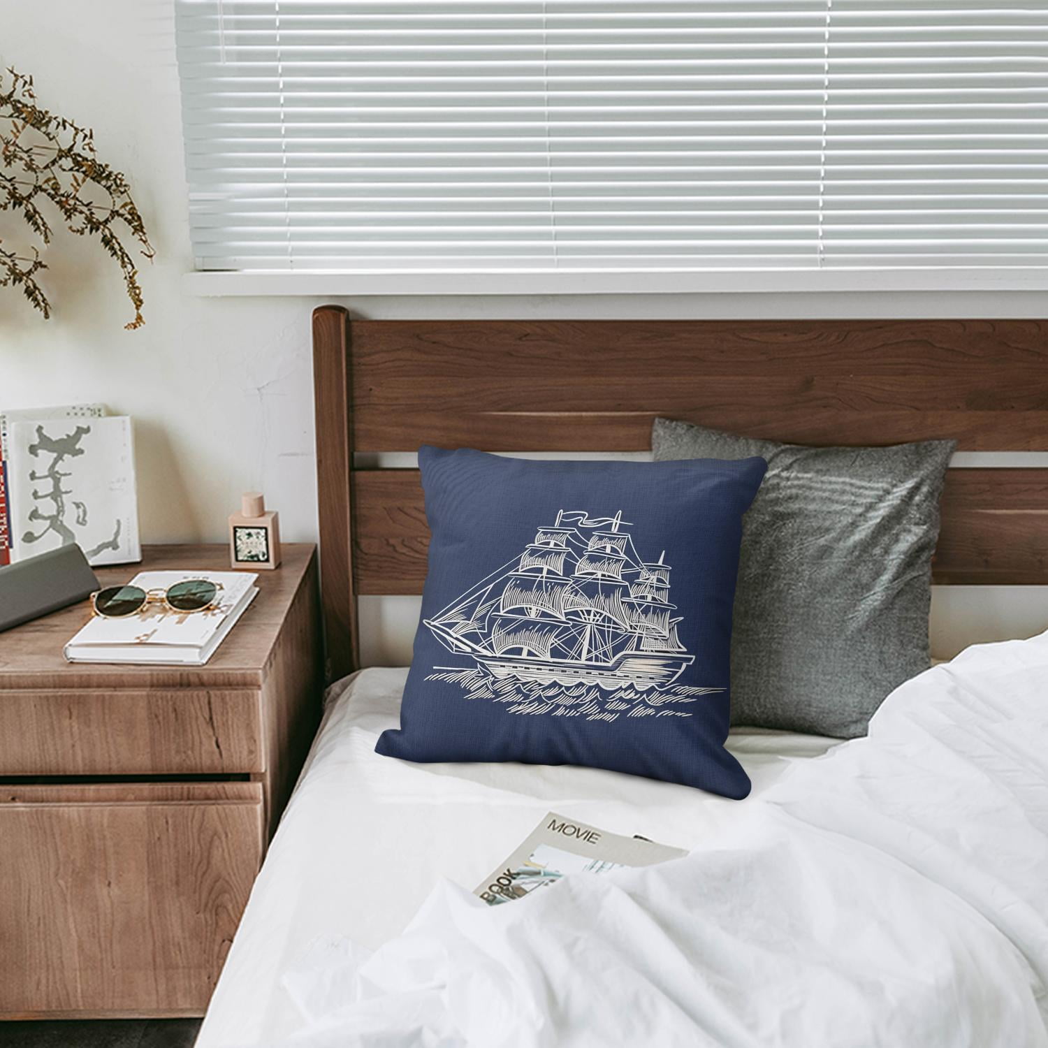 Blue Compass Anchor Sailboat Pillow Cases 16x16, Set of 2, Coastal Sailing Navigation Throw Pillow Cases, Ocean Theme Decorative Cushion Covers for Couch Sofa Living Room Home