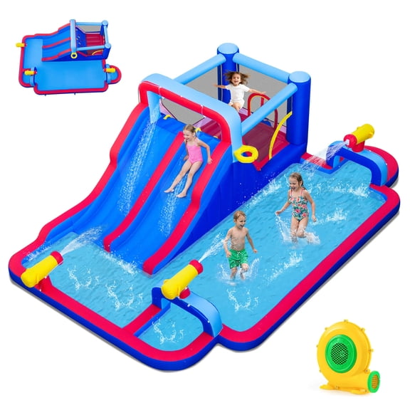 Costway Giant Inflatable Water Slide Park with Double Slides & 3 Water Cannons With 750W Blower
