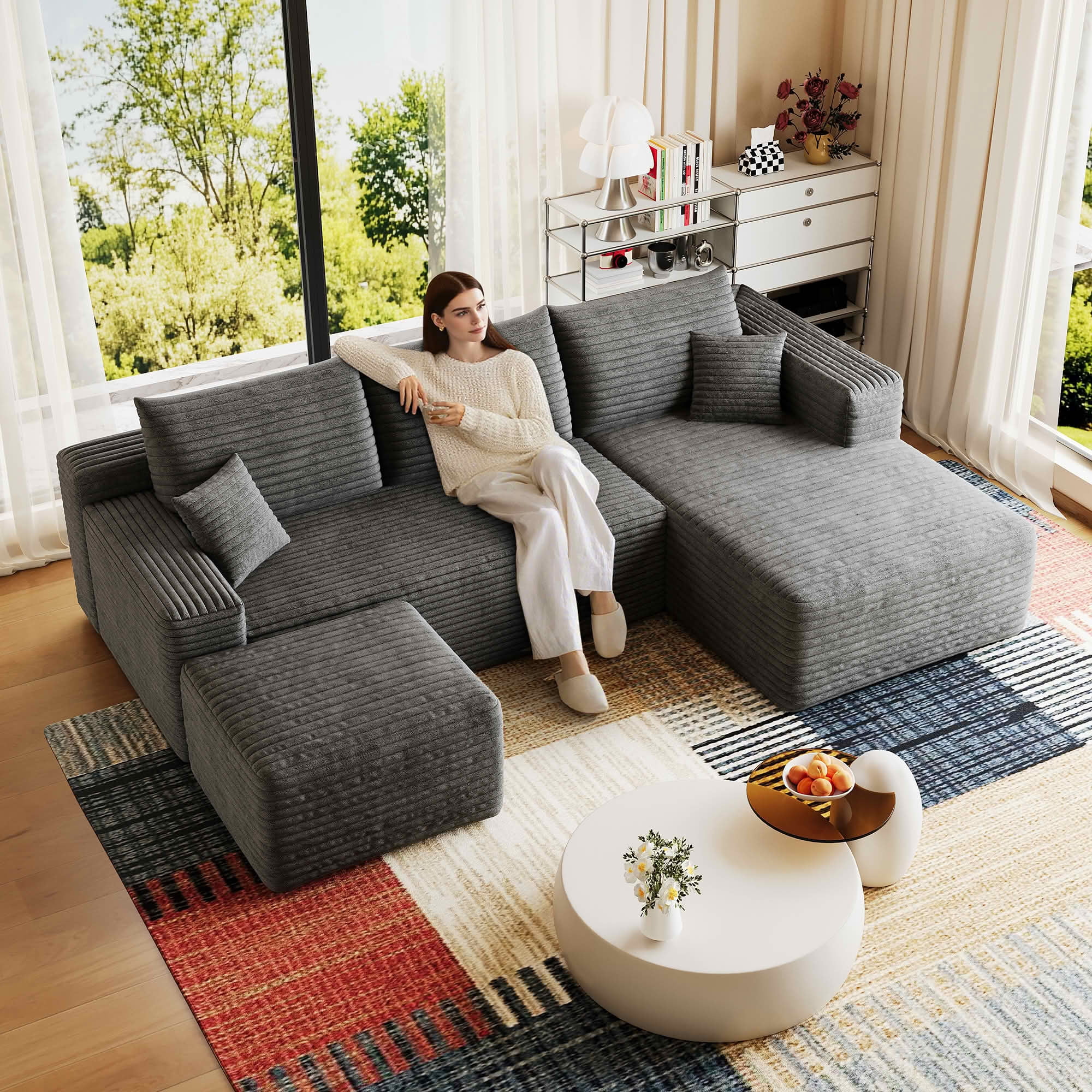 MAYEERTY 95" Cloud U-Shape Corduroy Sectional Couch with Ottoman, Deep Seating Minimalist Sofa, No Assembly for Home Bedroom