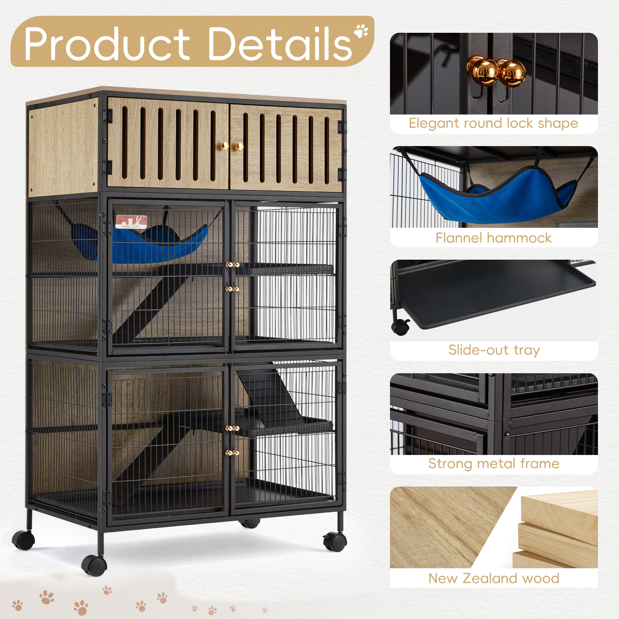 HABUTWAY Metal Large Small Animal Cage 5 Levels, 50.0" H Rolling Guinea Pig Cage with Removable Ramps & Double Door, Ferret Cage with Locker