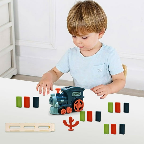 Fiudx Juego de Tren de Dominó, Juguete de Rompecabezas de Dominó Automático, 60 Dominós de Colores Incluidos, Efectos de Sonido y Luces de Simulación, Diversión para El Aprendizaje Temprano, Regalo P