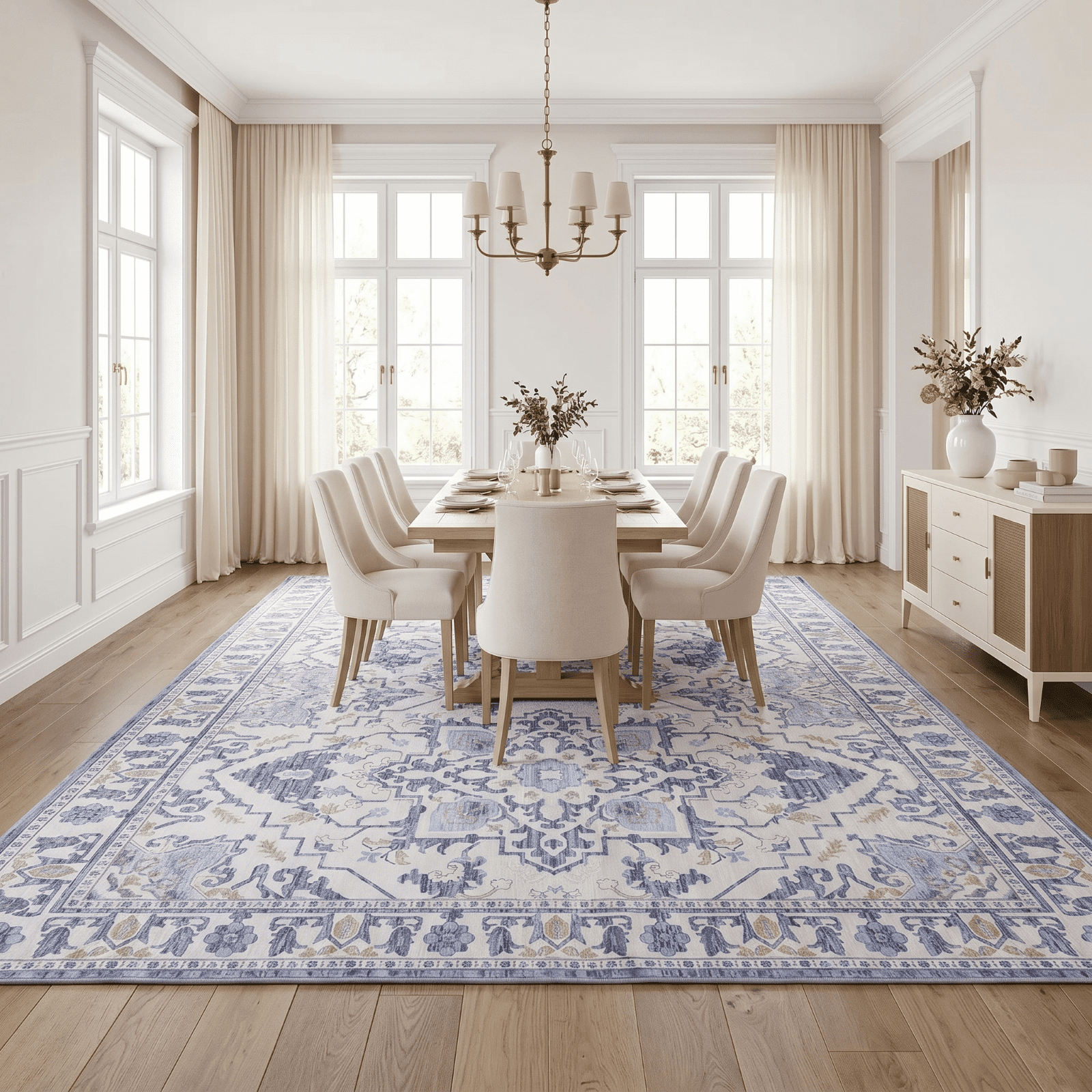 Kelno 9'x12' Area Rugs Large Vintage Living Room Rug Washable Low Pile Indoor Carpet Non-slip Soft Rug Bedroom Dining Room, Blue