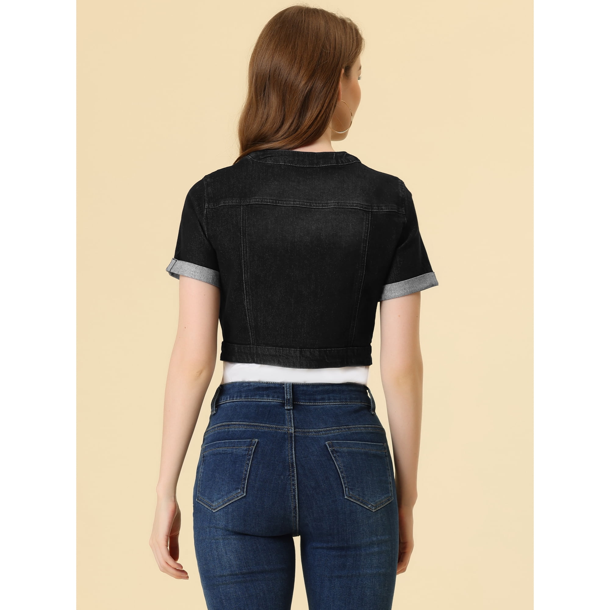 Unique Bargains Women s Crew Neck Short Sleeve Crop Denim Jackets Black S Walmart