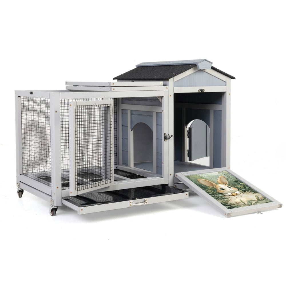 Resenkos Wooden Hutch, Weatherproof Pet Home With Wheels, Removable Tray, Rabbit, Duck, Squirrel, Guinea Pig Cage, Gray With Colorful Patterns