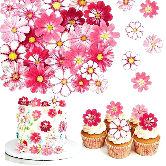 72PCS Edible Cosmos Wafer Paper Flower Cake Toppers Pink Red Cupcake Decorations