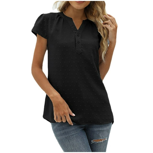 Yuyuzo Chiffon Tops ForWomen Notch V Neck Puff Short Sleeve Solid Color Flowy Breathable Tunic Tops