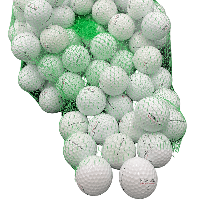 A Large Quantity Of White Kirkland Brand Golf Balls In A Green Mesh Bag For Finding Does Walmart Have Golf Balls Deals