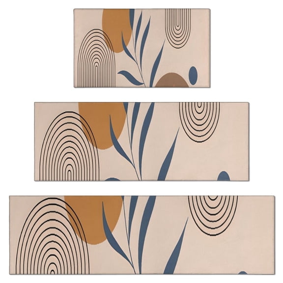 Brown Boho Geometric and Plant Pattern Kitchen Rugs Sets Of 3,Kitchen Runner Rugs Non Skid Washable,Decorative Kitchen Floor Mats for Kitchen,Sink,Laundry,17"x30"  17"x47"   17"x59"