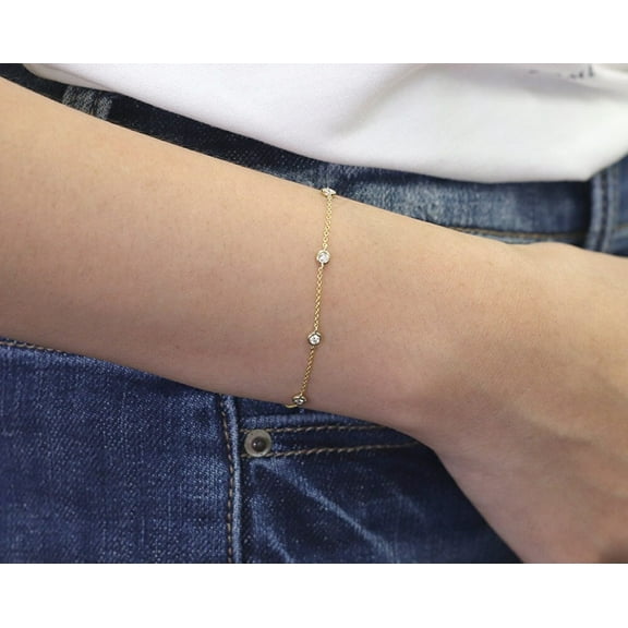 Bluebelljewels 14K Yellow Gold Finish Silver Round Cut Cubic Zirconia Women's Station Link Bracelet